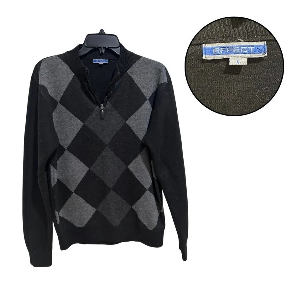 EFFECT Men’s L Black Gray Argyle 1/4 Zip Pullover Sweater Long Sleeve Cotton